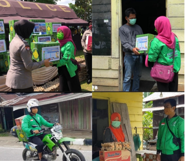Polres Kuansing dan Bhayangkari Berikan Bantuan Sembako Melalui Jasa Tukang Ojek.